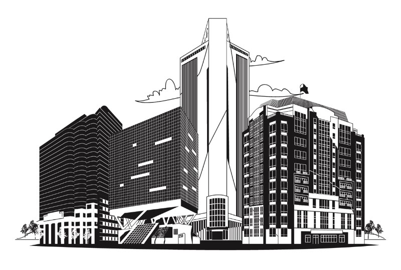 As ilustrações que você vai ver aqui nesse artigo são todos os prédios de escritório que a Shelbourne tem nos Estados Unidos. Esse material foi ilustrado pelo Ben The Illustrator e vai fazer parte de alguns materiais gráficos como folders, flyers, entre outros.
