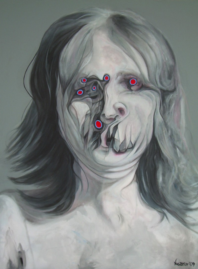 Buddy Nestor pinta retratos distorcidos que beiram o assustador. Essas obras que parecem se desintegrar na frente dos nossos olhos me dão a impressão de que essas imagens estão em um processo de mutação. Algo quase espiritual, caso seja possível.
