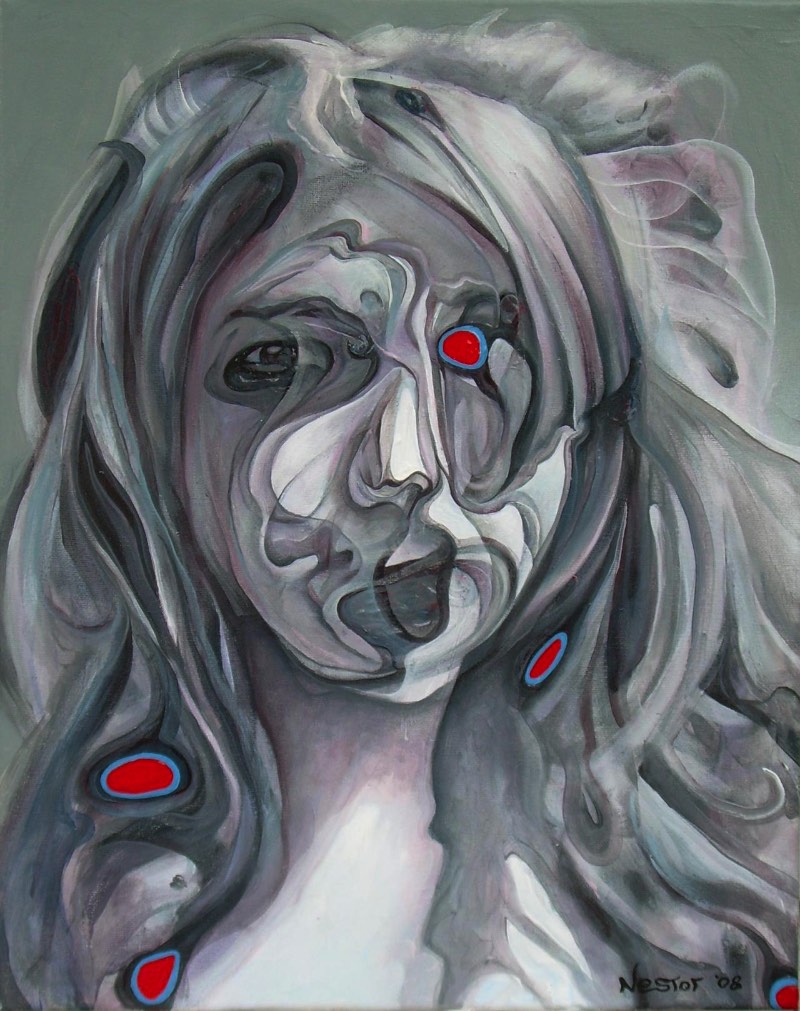 Buddy Nestor pinta retratos distorcidos que beiram o assustador. Essas obras que parecem se desintegrar na frente dos nossos olhos me dão a impressão de que essas imagens estão em um processo de mutação. Algo quase espiritual, caso seja possível.