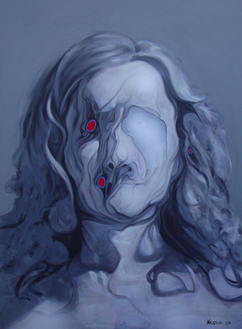 Buddy Nestor pinta retratos distorcidos que beiram o assustador. Essas obras que parecem se desintegrar na frente dos nossos olhos me dão a impressão de que essas imagens estão em um processo de mutação. Algo quase espiritual, caso seja possível.