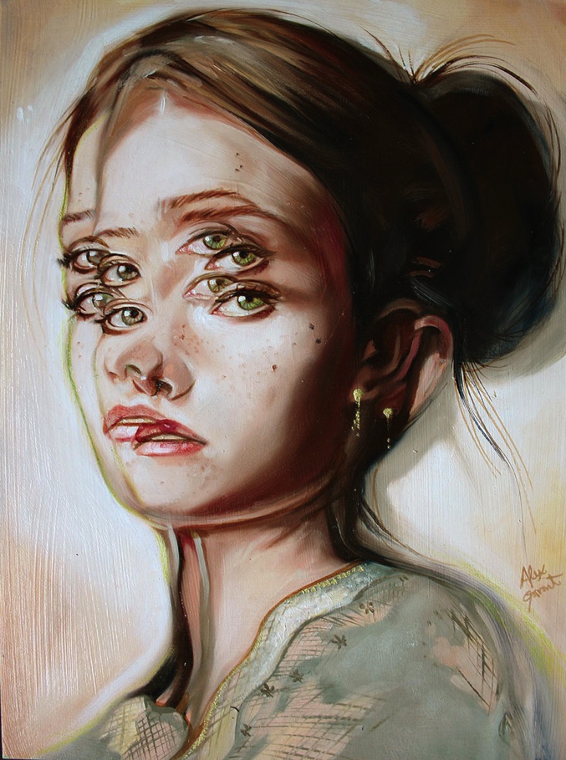 Quando você visita o portfólio da Alex Garant, vai ler que ela se auto declara a Rainha dos Olhos Duplos e esse título é mais do que merecido. Seu trabalho visual é repleto de estudos focados nesse tema de vários olhos e ela faz isso de um jeito magistral. 