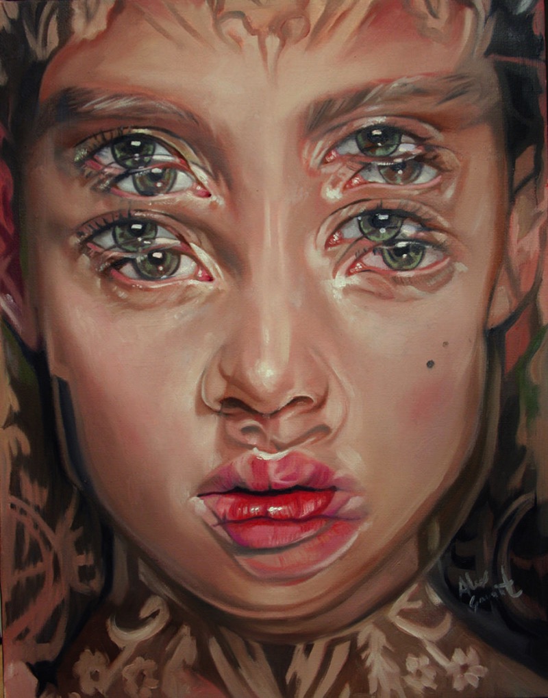Quando você visita o portfólio da Alex Garant, vai ler que ela se auto declara a Rainha dos Olhos Duplos e esse título é mais do que merecido. Seu trabalho visual é repleto de estudos focados nesse tema de vários olhos e ela faz isso de um jeito magistral. 