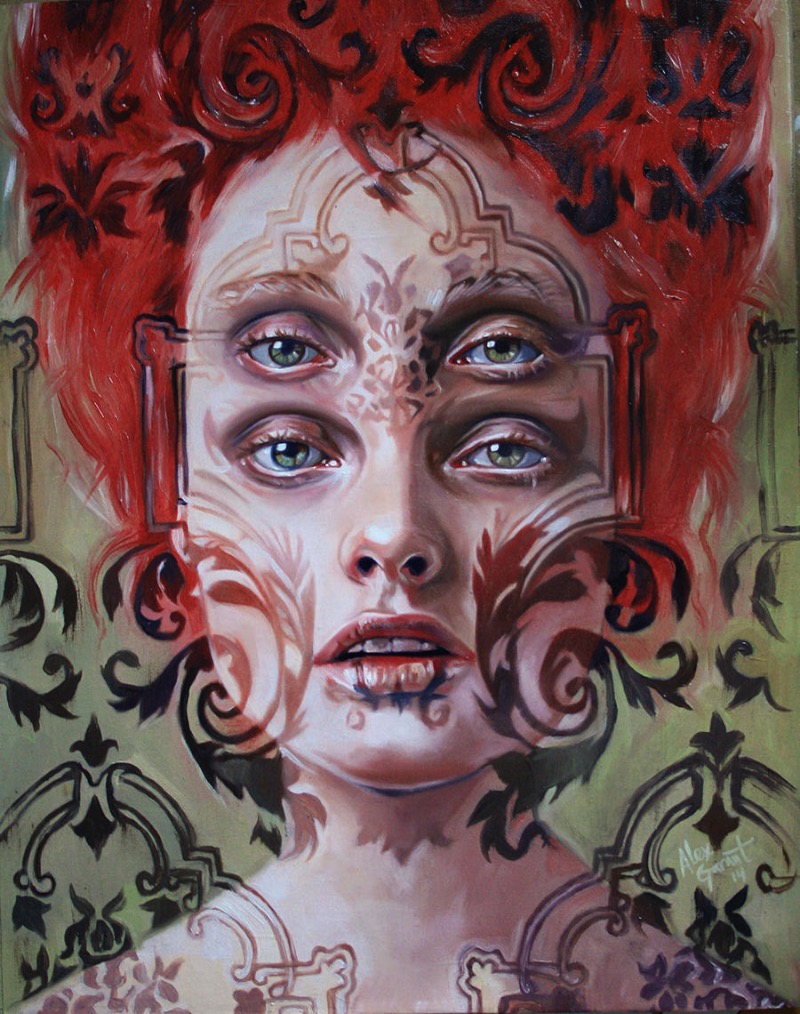 O trabalho visual de Alex Garant consiste de pinturas tradicionais e ela usa de vários padrões, de simetria e super imposição e duplicação de elementos para criar suas imagens. E é estranho observar as reações que temos quando vemos seu trabalho pela primeira vez. É como se a nossa cabeça não conseguisse focar direito e ficasse tentando e tentando até desistir.