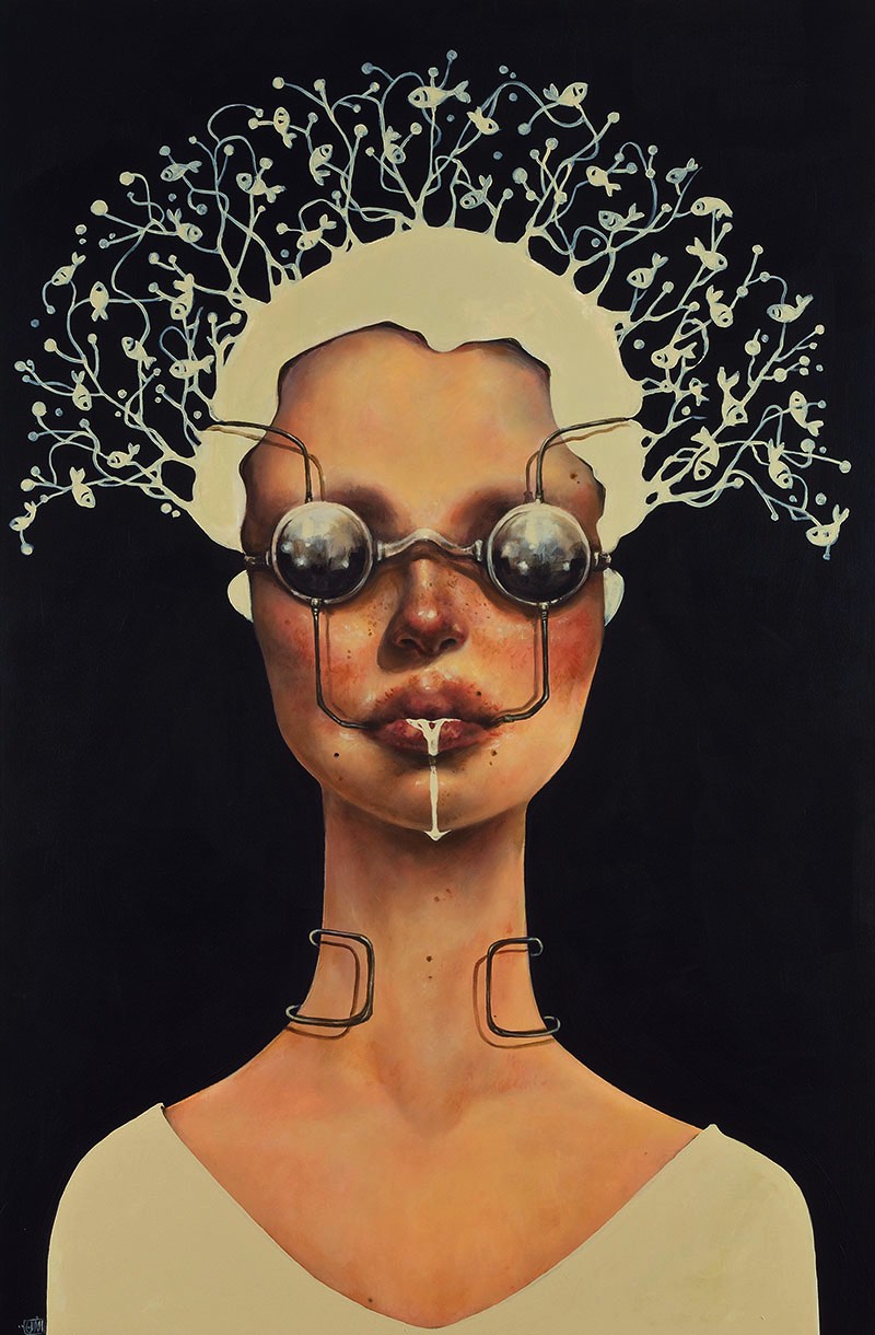 Afarin Sajedi é uma artista iraniana com um portfólio repleto de retratos onde surrealismo e peixes parecem ser o tema recorrente. Tentei descobrir o porquê disso no about do seu site mas fracassei e ainda estou pensando sobre o assunto. 