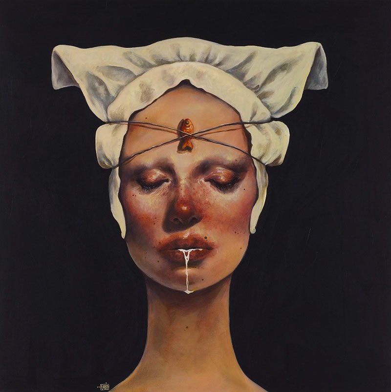 Afarin Sajedi é uma artista iraniana com um portfólio repleto de retratos onde surrealismo e peixes parecem ser o tema recorrente. Tentei descobrir o porquê disso no about do seu site mas fracassei e ainda estou pensando sobre o assunto. 