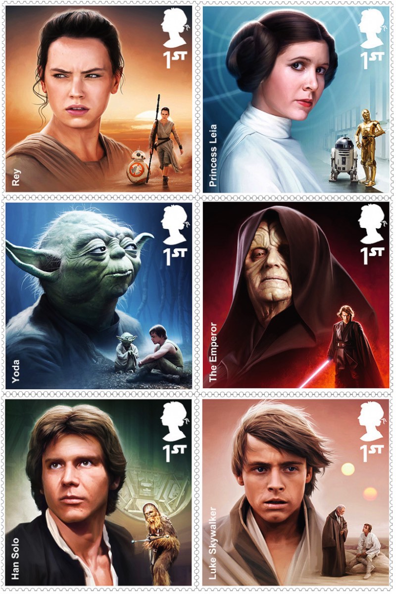 O Royal Mail britânico acabou de anunciar sua mais nova coleção de selos e eles apresentam personagens de toda a franquia de Guerra nas Estrelas. O material foi criado pelo designer Malcolm Tween da Digital Progression e os doze selos dessa coleção mostram de Darth Vader a Han Solo, passando por Boba Fett e Yoda até Obi Wan Kenobi e Chewbacca. 