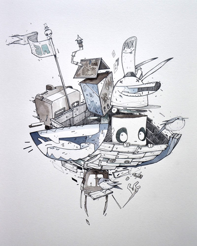 As ilustrações que você vai ver logo abaixo fazem parte de um projeto colaborativo chamado A3. Aqui, os ilustradores Monsta Julien, Mlle Terite e Ant do Pandakroo trabalharam juntos para uma exposição nas Ilhas Reunião. Tudo aconteceu em setembro de 2015 na SoHype. No momento que me deparei com esse projeto no Behance, sabia que precisava publicar algo aqui.