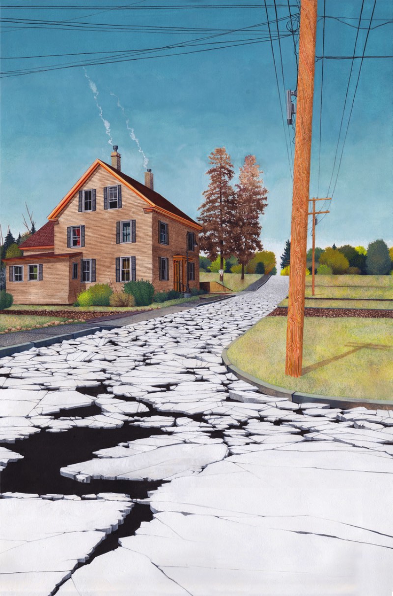 As imagens abaixo são feitas pelo artista americano Michael Dandley, misturando tinta guache e vários outros pigmentos. A série de pinturas que você vai ver aqui faz parte da série Side Effects onde o artista trabalha com a forma incompatível com a qual a terra e os oceanos mudaram para acomodar nossas conveniências modernas.