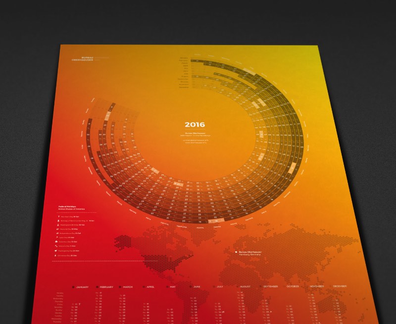 Um novo ano, um novo calendário, novas cores. É isso que o pessoal do Bureau Oberhaeuser resolveu colocar em prática com esse calendário de 2016 que eles publicaram no Behance. Produzido em três cores diferentes, você pode escolher entre ter o calendário em alemão ou em inglês. Bem útil para quem gosta de marcar o tempo de forma analógica.