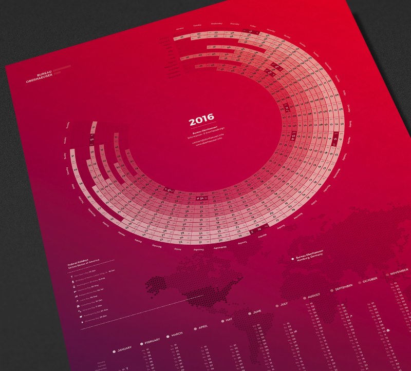 Um novo ano, um novo calendário, novas cores. É isso que o pessoal do Bureau Oberhaeuser resolveu colocar em prática com esse calendário de 2016 que eles publicaram no Behance. Produzido em três cores diferentes, você pode escolher entre ter o calendário em alemão ou em inglês. Bem útil para quem gosta de marcar o tempo de forma analógica.