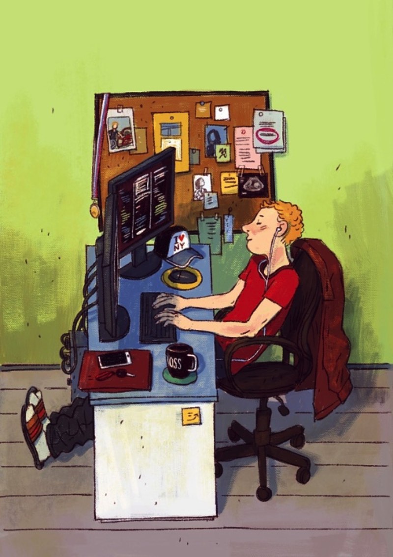 Dmitry Narozhny é um ilustrador russo baseado na Tailândia cujo portfólio é repleto de ótimos trabalhos. Nesse artigo aqui, resolvi publicar seu projeto IT-characters onde o ilustrador criou uma série de imagens focados nos clichês visuais da comunidade de tecnologia. As imagens abaixo irão ilustrar uma calendário da Devexperts, cada imagem para um mês diferente.