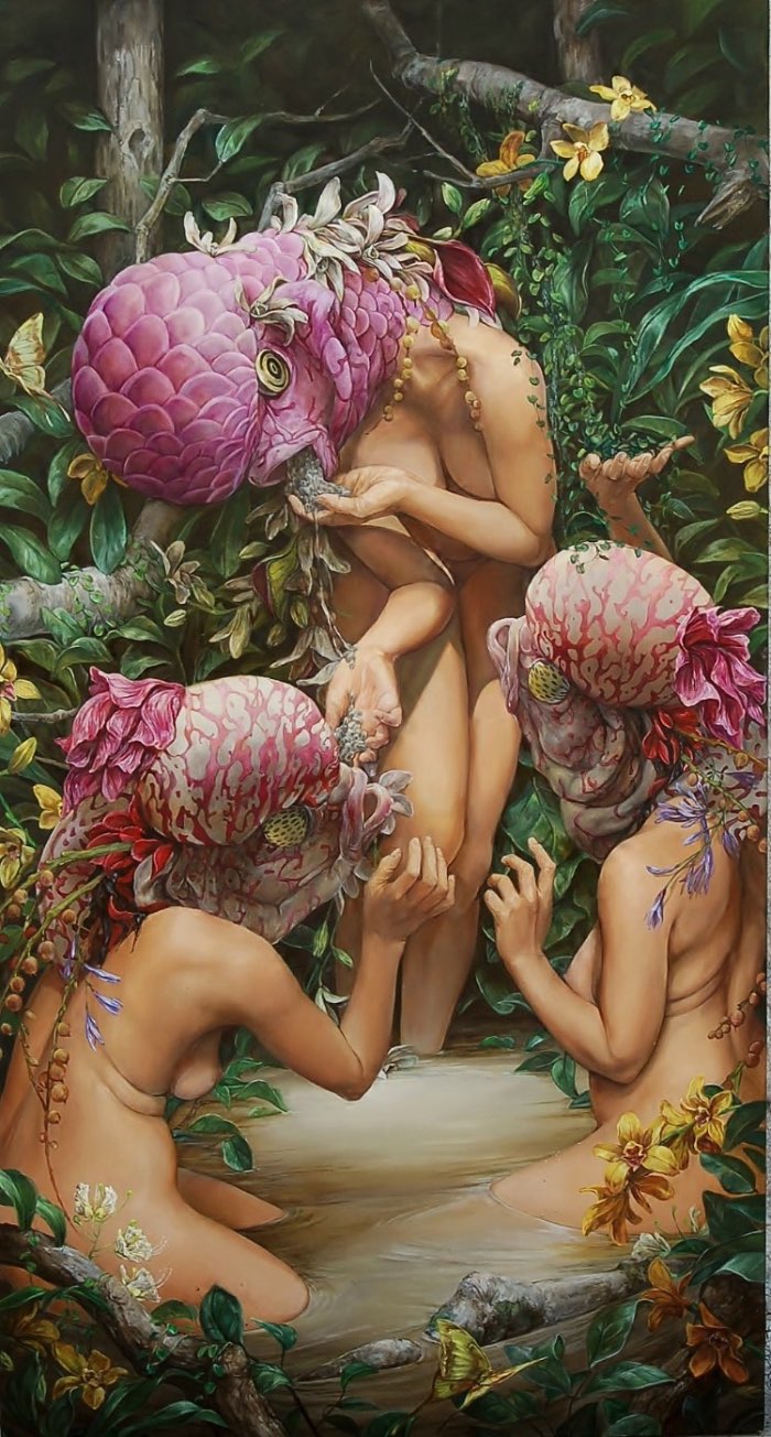 As pinturas de Hannah Faith Yata mostram uma miríade de conceitos políticos que vão desde a degradação ambiental até temas de injustiça moral e passando pelo feminismo. Tudo isso é mostrado através de cenas de uma natureza quase caótica onde mulheres semi nuas aparecem com cabeças de peixes como se essas máscaras escondessem algo ainda mais estranho.