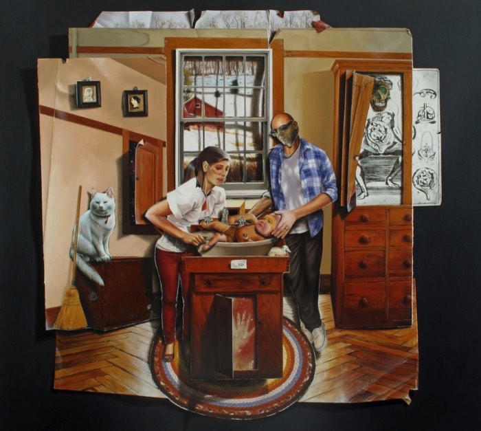 A arte de Colin Hunt mistura ilustrações com colagens, sejam elas em preto e branco ou cheias de cor. E ele divide seus trabalhos com temas e nomes, por culpa disso, seus trabalhos em preto e branco de hoje são chamados The Afterlife. Mas, por mais que essas colagens sejam bem interessantes, os trabalhos que considero mais interessante são os feitos entre 2011 e 2014. The Spiral is the Spiritualized Circle é o nome da série criado nesses anos e você vai ver alguns dos trabalhos dessa era nas imagens abaixo. Você pode distinguir esses trabalhos dos outros devido a presença de uma tridimensionalidade na colagem e da falta de limites definidos nos quadros.