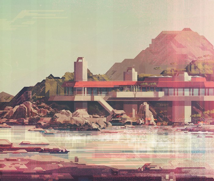 As ilustrações que você vai ver abaixo são paisagens geométricas criadas pelo artista britânico James Gilleard. Nessas imagens ele parece criar paisagens através de um filtro setentista que transforma tudo em algo geométrico e saudosista. Aparentemente, esse é um estilo visual novo que o ilustrador anda explorando e fico feliz de ver ilustradores experimentando com novos visuais e produzindo material de tão boa qualidade.
