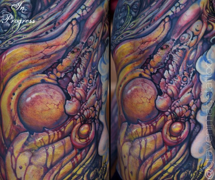 Existem muitos tatuadores especializados em tatuagens biomecânicas e o Dietz Tattoo é um dos melhores quando se trata desse assunto. Seu trabalho se destaca do que vejo por ai por culpa do brilho das suas cores, suas formas surrealistas que mais lembram músculos humanos sendo removidos do seu contexto e depois derretidos como se não fossem nada. É interessante ver um tatuador nesse estilo seguindo um visual, ainda que inspirado por Giger, sendo diferente daquele clichê que vemos todos os dias.