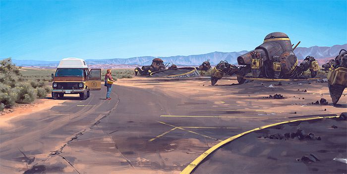 Observar o portfólio do Simon Stalenhag é como fazer uma viagem no tempo para um futuro possível. Um futuro tão possível que, algumas vezes, parece ser algo do nosso dia a dia. Essa sensação é a que eu tive enquanto passava os olhos por dezenas de ilustrações que mostram cenários hiper realistas de paisagens escandinavas. São nessas paisagens que a ficção científica passa a existir, seja através de robôs que se misturam a elementos orgânicos ou mesmo veículos voadores que já viram dias melhores.