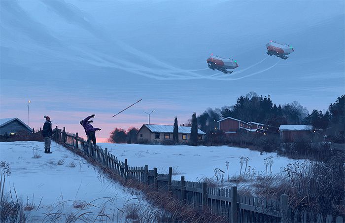 Observar o portfólio do Simon Stalenhag é como fazer uma viagem no tempo para um futuro possível. Um futuro tão possível que, algumas vezes, parece ser algo do nosso dia a dia. Essa sensação é a que eu tive enquanto passava os olhos por dezenas de ilustrações que mostram cenários hiper realistas de paisagens escandinavas. São nessas paisagens que a ficção científica passa a existir, seja através de robôs que se misturam a elementos orgânicos ou mesmo veículos voadores que já viram dias melhores.