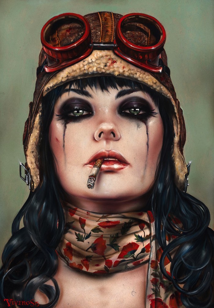É fácil reconhecer o traço e o estilo visual de Brian Viveros afinal, suas pinturas mostram figuras femininas com olhares desafiantes que parecem capturar uma sensação quase poética de desafio. Essas figuras femininas são de uma beleza bárbara que capturam todo seu poder de uma feminilidade conciliada com vulnerabilidade e poder. 