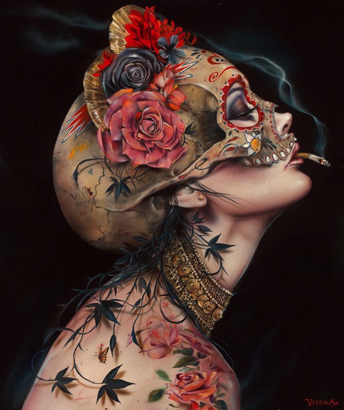 É fácil reconhecer o traço e o estilo visual de Brian Viveros afinal, suas pinturas mostram figuras femininas com olhares desafiantes que parecem capturar uma sensação quase poética de desafio. Essas figuras femininas são de uma beleza bárbara que capturam todo seu poder de uma feminilidade conciliada com vulnerabilidade e poder. 