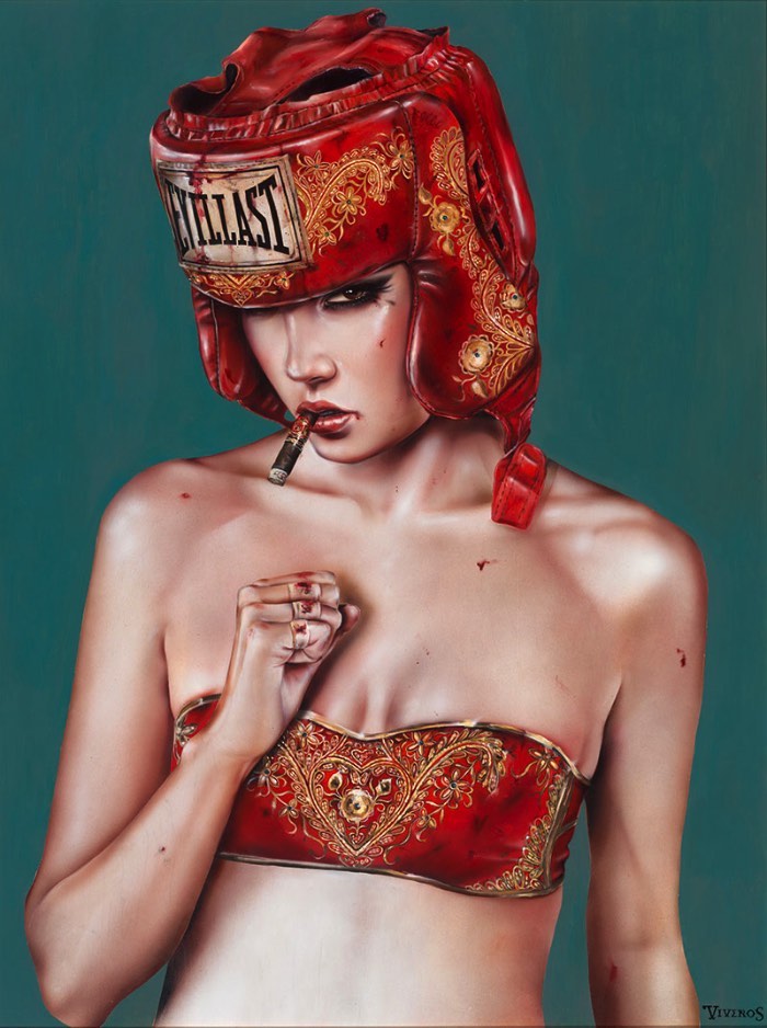 É fácil reconhecer o traço e o estilo visual de Brian Viveros afinal, suas pinturas mostram figuras femininas com olhares desafiantes que parecem capturar uma sensação quase poética de desafio. Essas figuras femininas são de uma beleza bárbara que capturam todo seu poder de uma feminilidade conciliada com vulnerabilidade e poder. 