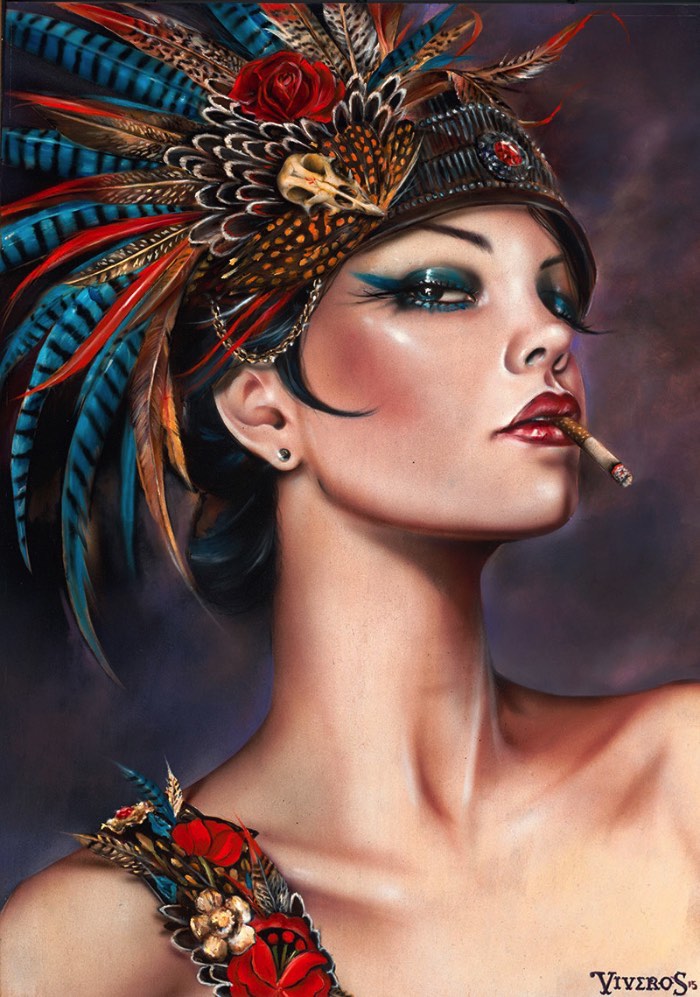 É fácil reconhecer o traço e o estilo visual de Brian Viveros afinal, suas pinturas mostram figuras femininas com olhares desafiantes que parecem capturar uma sensação quase poética de desafio. Essas figuras femininas são de uma beleza bárbara que capturam todo seu poder de uma feminilidade conciliada com vulnerabilidade e poder. 