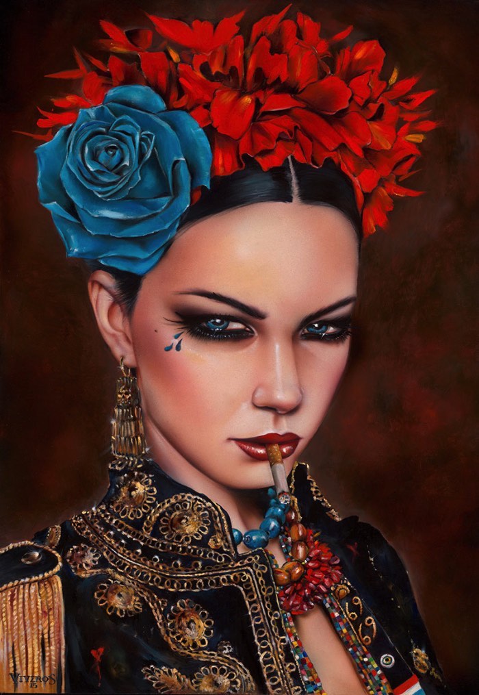 É fácil reconhecer o traço e o estilo visual de Brian Viveros afinal, suas pinturas mostram figuras femininas com olhares desafiantes que parecem capturar uma sensação quase poética de desafio. Essas figuras femininas são de uma beleza bárbara que capturam todo seu poder de uma feminilidade conciliada com vulnerabilidade e poder. 