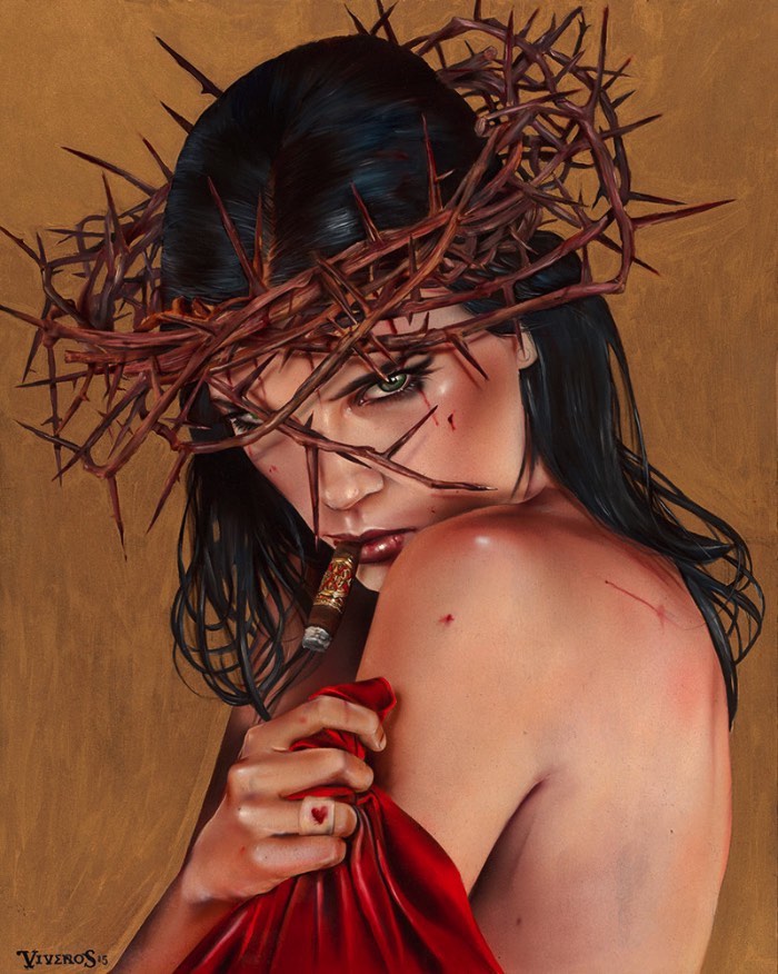 É fácil reconhecer o traço e o estilo visual de Brian Viveros afinal, suas pinturas mostram figuras femininas com olhares desafiantes que parecem capturar uma sensação quase poética de desafio. Essas figuras femininas são de uma beleza bárbara que capturam todo seu poder de uma feminilidade conciliada com vulnerabilidade e poder. 