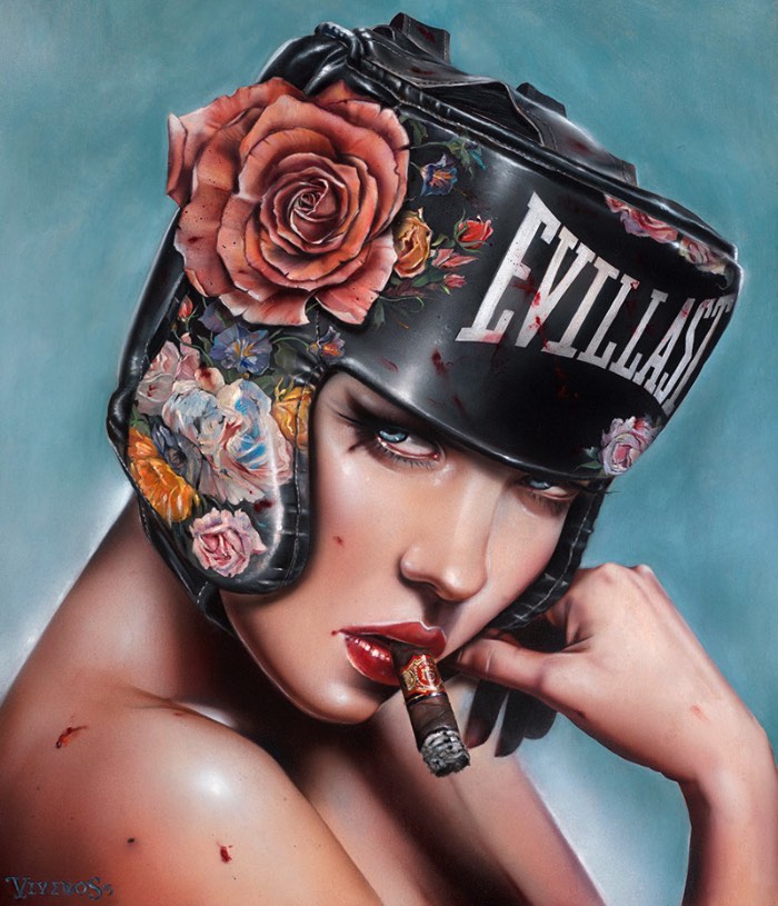É fácil reconhecer o traço e o estilo visual de Brian Viveros afinal, suas pinturas mostram figuras femininas com olhares desafiantes que parecem capturar uma sensação quase poética de desafio. Essas figuras femininas são de uma beleza bárbara que capturam todo seu poder de uma feminilidade conciliada com vulnerabilidade e poder. 
