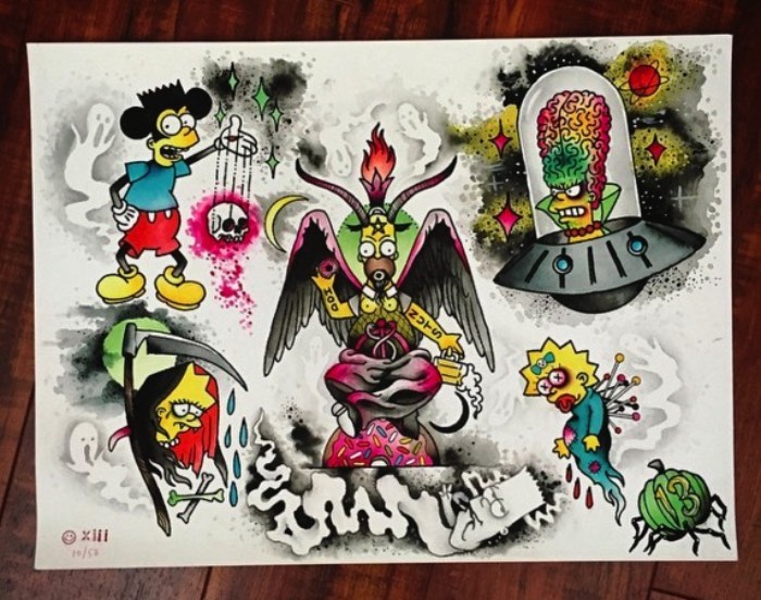 Conheci o trabalho da Christina Hock no instagram há alguns meses e passei a acompanhar tudo que ela faz por culpa desse primeiro contato. Isso aconteceu por que, a primeira imagem que vi do seu trabalho foi de um Homer Simpson em forma de Baphomet. Lembro de ficar olhando para aquela imagem e só me questionando no porquê que eu nunca havia pensado naquela combinação antes.