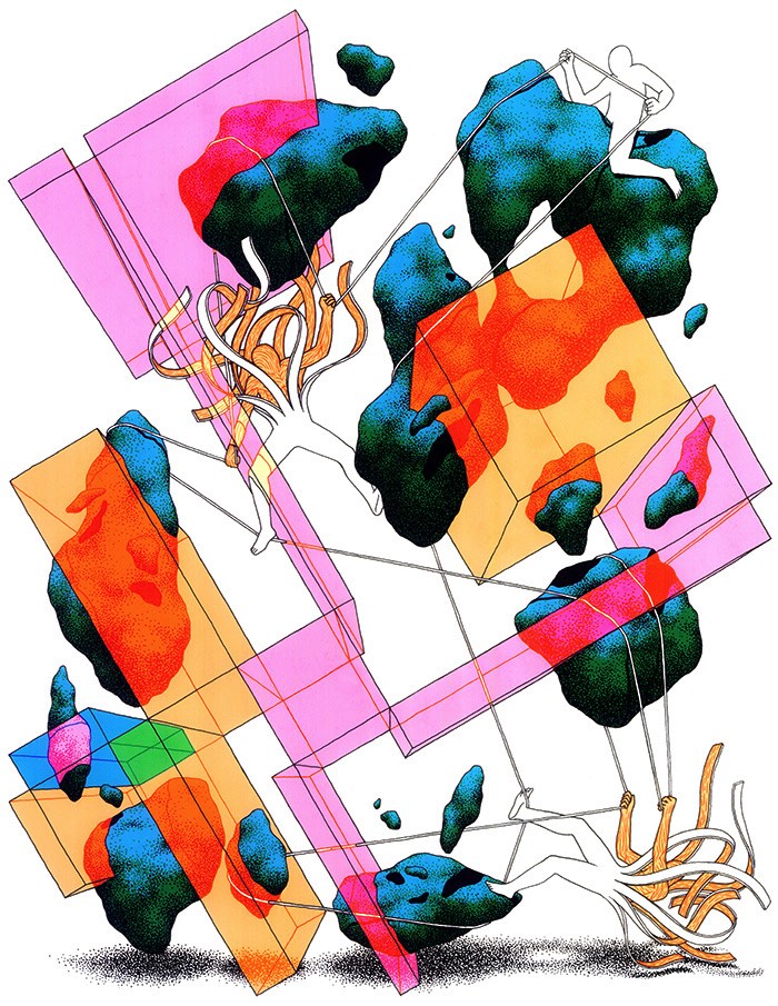 Baseado em Rotterdam, o ilustrador e artista Daan Botlek cria personagens e objetos geométricos que parecem quebrar as regras da gravidade e da perspectiva. As ilustrações que você poderá ver logo abaixo são feitas usando muita tinta e canetas posca e suas composições são vívidas e repletas de detalhes. Além de seus personagens, figuras sem rosto que andam pelo mundo e que, muitas vezes, interagem com essas formas como se eles fizessem parte de um mesmo mundo.