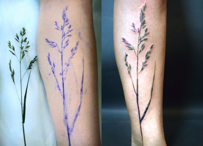 Foi em uma dessas seções de desenho que ela percebeu que poderia se aproximar ainda mais das formas originais de plantas sem precisar desenhar tanto. Em uma busca por uma forma mais orgânica de processar as imagens que seriam tatuadas, Rit Kit pegou uma folha e a colocou na tinta usada para fazer o estêncil de tatuagem. Assim surgiu uma forma nova de trabalhar com tatuagem e os resultados são fora do comum.