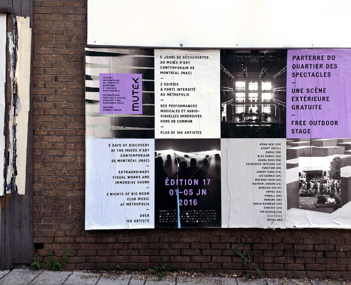 Mutek é um festival internacional de música eletrônica e arte digital que acontece anualmente em Montreal entre o final de Maio e o início de Junho. Para a sua 17º edição, o pessoal da Nouvelle Administration foi responsável por criar uma nova identidade visual que pudesse ser representada em todos materiais criados para a divulgação do evento.