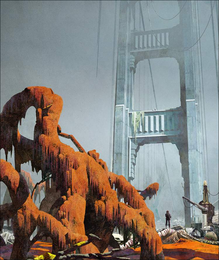 Nas ilustrações de Dan McPharlin, seres humanos parecem se proteger de um sol que está prestes a explodir. Eles estão protegidos por um uniforme espacial que parece filtrar o ar que está ao redor deles e onde eles estão não parece ser dos lugares mais amigáveis. Esses cenários inóspitos só podem ser vistos através de visores e capacetes e nunca iremos descobrir todos os segredos dessas estranhas paisagens. 