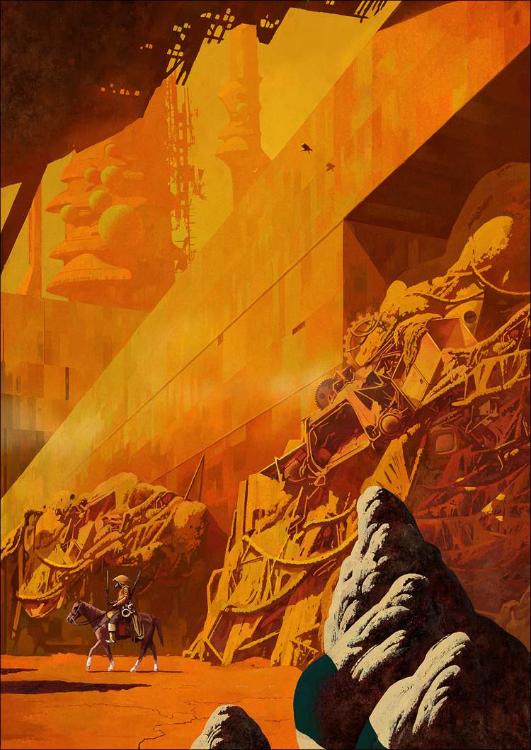 Nas ilustrações de Dan McPharlin, seres humanos parecem se proteger de um sol que está prestes a explodir. Eles estão protegidos por um uniforme espacial que parece filtrar o ar que está ao redor deles e onde eles estão não parece ser dos lugares mais amigáveis. Esses cenários inóspitos só podem ser vistos através de visores e capacetes e nunca iremos descobrir todos os segredos dessas estranhas paisagens. 