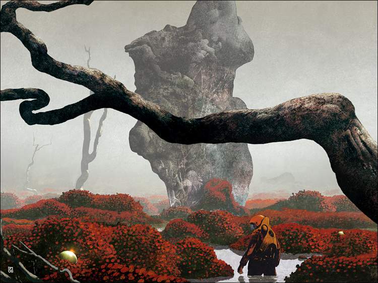 Nas ilustrações de Dan McPharlin, seres humanos parecem se proteger de um sol que está prestes a explodir. Eles estão protegidos por um uniforme espacial que parece filtrar o ar que está ao redor deles e onde eles estão não parece ser dos lugares mais amigáveis. Esses cenários inóspitos só podem ser vistos através de visores e capacetes e nunca iremos descobrir todos os segredos dessas estranhas paisagens. 
