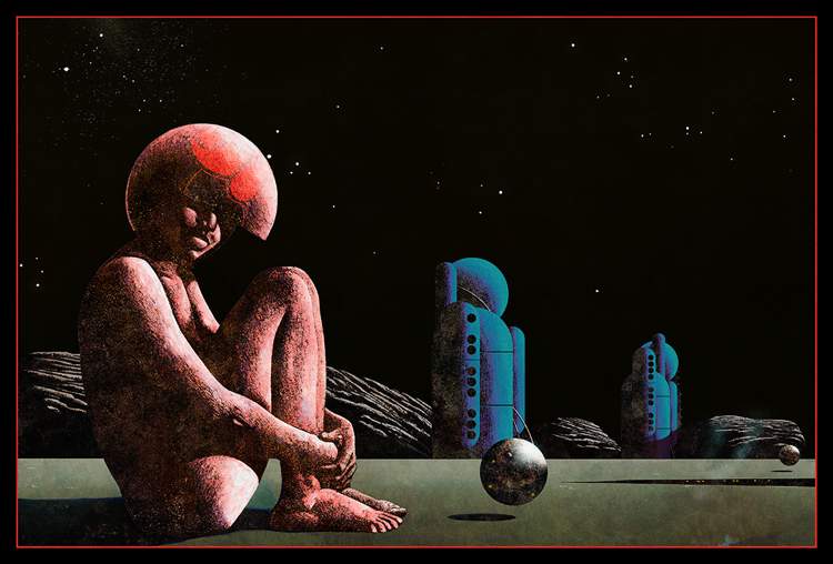 Nas ilustrações de Dan McPharlin, seres humanos parecem se proteger de um sol que está prestes a explodir. Eles estão protegidos por um uniforme espacial que parece filtrar o ar que está ao redor deles e onde eles estão não parece ser dos lugares mais amigáveis. Esses cenários inóspitos só podem ser vistos através de visores e capacetes e nunca iremos descobrir todos os segredos dessas estranhas paisagens. 
