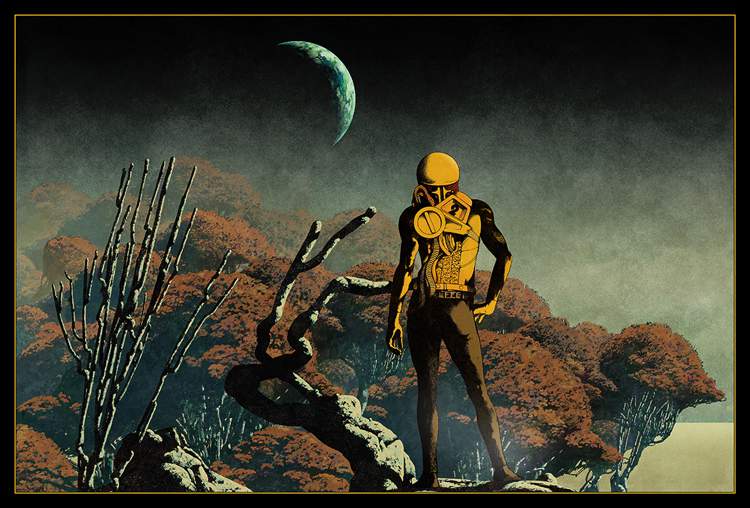 Nas ilustrações de Dan McPharlin, seres humanos parecem se proteger de um sol que está prestes a explodir. Eles estão protegidos por um uniforme espacial que parece filtrar o ar que está ao redor deles e onde eles estão não parece ser dos lugares mais amigáveis. Esses cenários inóspitos só podem ser vistos através de visores e capacetes e nunca iremos descobrir todos os segredos dessas estranhas paisagens. 