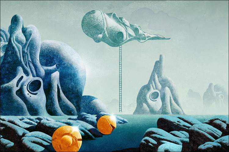 Nas ilustrações de Dan McPharlin, seres humanos parecem se proteger de um sol que está prestes a explodir. Eles estão protegidos por um uniforme espacial que parece filtrar o ar que está ao redor deles e onde eles estão não parece ser dos lugares mais amigáveis. Esses cenários inóspitos só podem ser vistos através de visores e capacetes e nunca iremos descobrir todos os segredos dessas estranhas paisagens. 