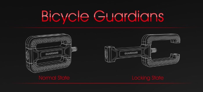 O Bicycle Guardians funciona de forma simples. O pedal da sua bicicleta tem o mesmo visual de antes mas, agora, ele tem uma parte que roda sobre um eixo e que vira em direção a estrutura da bicicleta e serve como uma trava naquele local, segurando o pedal na estrutura e na roda da bicicleta. A única coisa que muda no formato do pedal é a presença de uma fechadura. Só isso. 