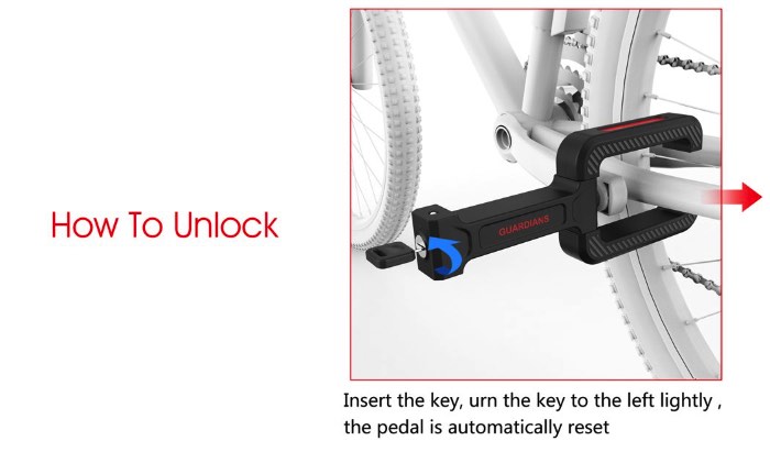 O Bicycle Guardians funciona de forma simples. O pedal da sua bicicleta tem o mesmo visual de antes mas, agora, ele tem uma parte que roda sobre um eixo e que vira em direção a estrutura da bicicleta e serve como uma trava naquele local, segurando o pedal na estrutura e na roda da bicicleta. A única coisa que muda no formato do pedal é a presença de uma fechadura. Só isso. 