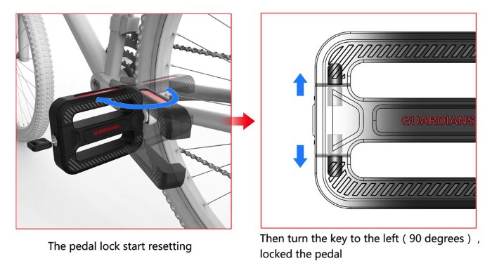 O Bicycle Guardians funciona de forma simples. O pedal da sua bicicleta tem o mesmo visual de antes mas, agora, ele tem uma parte que roda sobre um eixo e que vira em direção a estrutura da bicicleta e serve como uma trava naquele local, segurando o pedal na estrutura e na roda da bicicleta. A única coisa que muda no formato do pedal é a presença de uma fechadura. Só isso. 