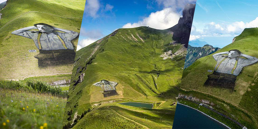 O artista conhecido como Saype acabou de completar uma das suas maiores obras de arte: um homem nas montanhas da Suíça. Ocupando mais de dez mil metros quadrados, a pintura ocupa as montanhas da região de Leysin, na Suíca e foi feita através da pintura da grama no local.