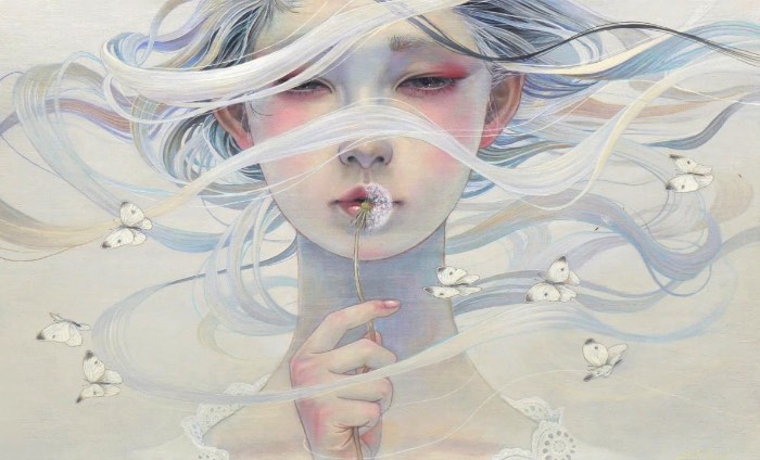 As pinturas a óleo de Miho Hirano tem um espírito e uma inspiração Pré Rafaelita, rejeitando poses mecânicas e composições elegantes. Pode não ser de propósito mas essa foi uma das referências visuais que apareceram na minha cabeça. Coloco a culpa disso tudo no fato de que a atmosfera de seus quadros parecem contar mais do que a narrativa dos mesmos, as modelos principais vem com uma expressão facial quase eufórica e existe uma atenção aos detalhes do mundo natural que não vemos sempre.