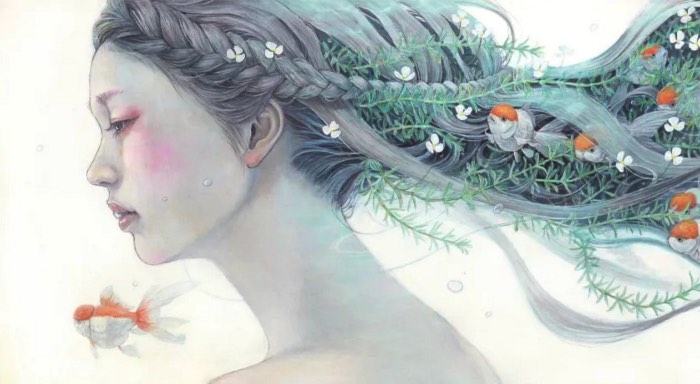 As pinturas a óleo de Miho Hirano tem um espírito e uma inspiração Pré Rafaelita, rejeitando poses mecânicas e composições elegantes. Pode não ser de propósito mas essa foi uma das referências visuais que apareceram na minha cabeça. Coloco a culpa disso tudo no fato de que a atmosfera de seus quadros parecem contar mais do que a narrativa dos mesmos, as modelos principais vem com uma expressão facial quase eufórica e existe uma atenção aos detalhes do mundo natural que não vemos sempre.