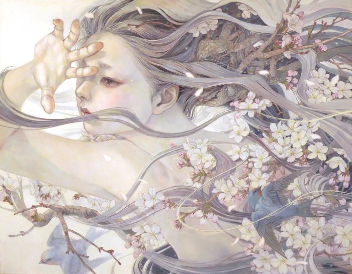 As pinturas a óleo de Miho Hirano tem um espírito e uma inspiração Pré Rafaelita, rejeitando poses mecânicas e composições elegantes. Pode não ser de propósito mas essa foi uma das referências visuais que apareceram na minha cabeça. Coloco a culpa disso tudo no fato de que a atmosfera de seus quadros parecem contar mais do que a narrativa dos mesmos, as modelos principais vem com uma expressão facial quase eufórica e existe uma atenção aos detalhes do mundo natural que não vemos sempre.