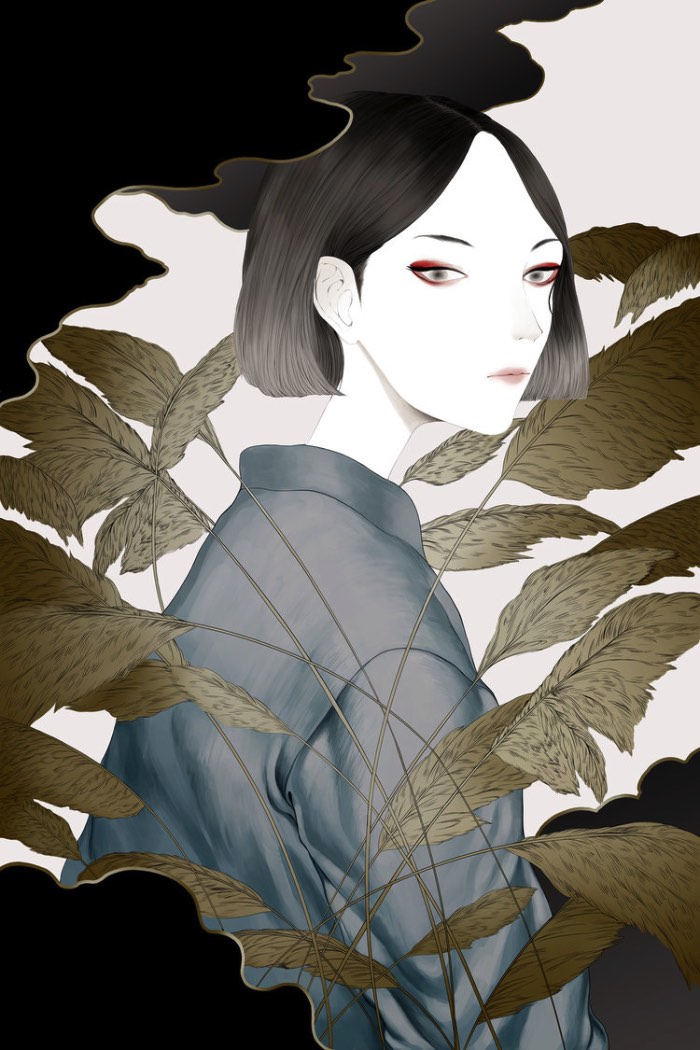 Ha Gyung-Lee cria ilustrações que seguem uma estética inspirada pela arte japonesa, seus mangas e seu folclore com um visual que parece ter pitadas das referências da Art Deco. 