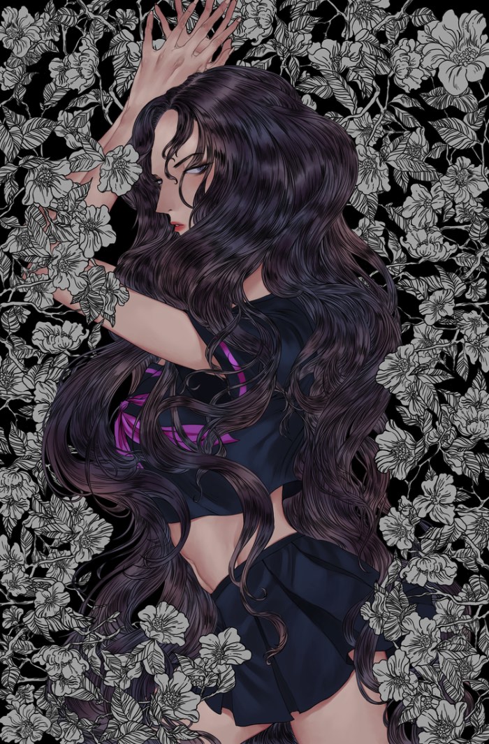 Ha Gyung-Lee cria ilustrações que seguem uma estética inspirada pela arte japonesa, seus mangas e seu folclore com um visual que parece ter pitadas das referências da Art Deco. 