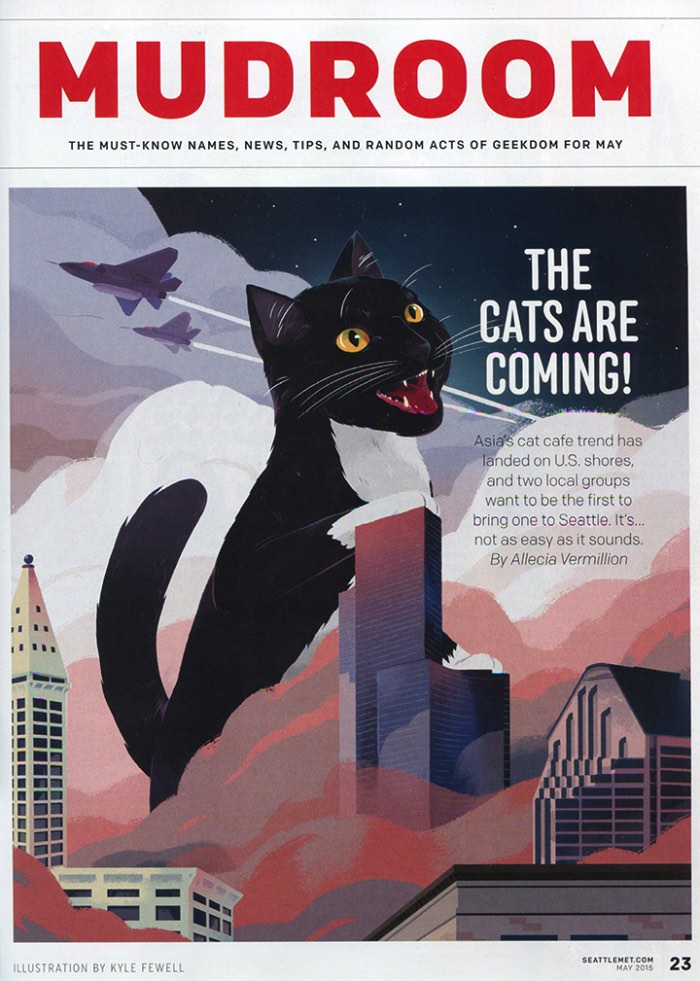 Kyle Fewell parece ser obcecado por gatos. Percebi isso enquanto selecionava pelo seu portfolio as imagens que você pode ver logo abaixo. Foi ai que me liguei que, naquelas que eu mais gostei, sempre tinha um gato por ali. Seja ele o foco de tudo ou seja um gato no fundo. Depois que percebi isso, fui lá no seu about e descobri que suas obsessões não param nos gatos. Elas incluem café, video games e heavy metal. 