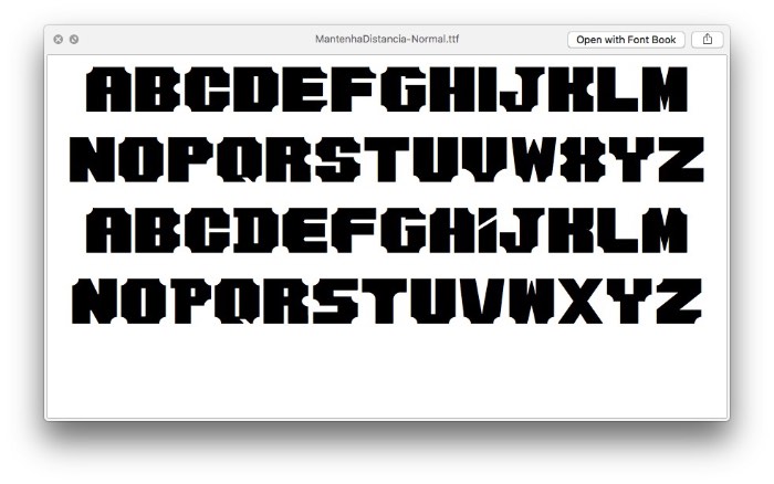 Mantenha Distância é o nome da fonte criada pelo designer brasileiro Rafael Hoffman, inspirada pelo lettering que é muito comum nas corredeiras e nas lameiras de caminhões por todo o Brasil. Algumas pessoas as chamam de degradês e elas vem com uma base quadrada ou retangular e um traço pesado, cortado nas laterais com linhas retas ou curvas. 