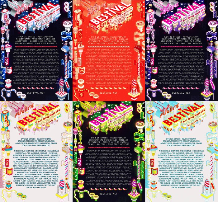 O trabalho de Charles Williams para Bestival 2016 começou por acidente, em setembro de 2015. Foi nessa época que ele recebeu o primeiro contato desse projeto de identidade visual tão interesse. E tudo começou porque o diretor de criação do festival acabou se deparando com uma ilustração editorial do designer na revista Stuff. Foi assim que começou o contato de Josie Da Bank do Bestival com Charles Williams e o resultado você pode ver logo abaixo.